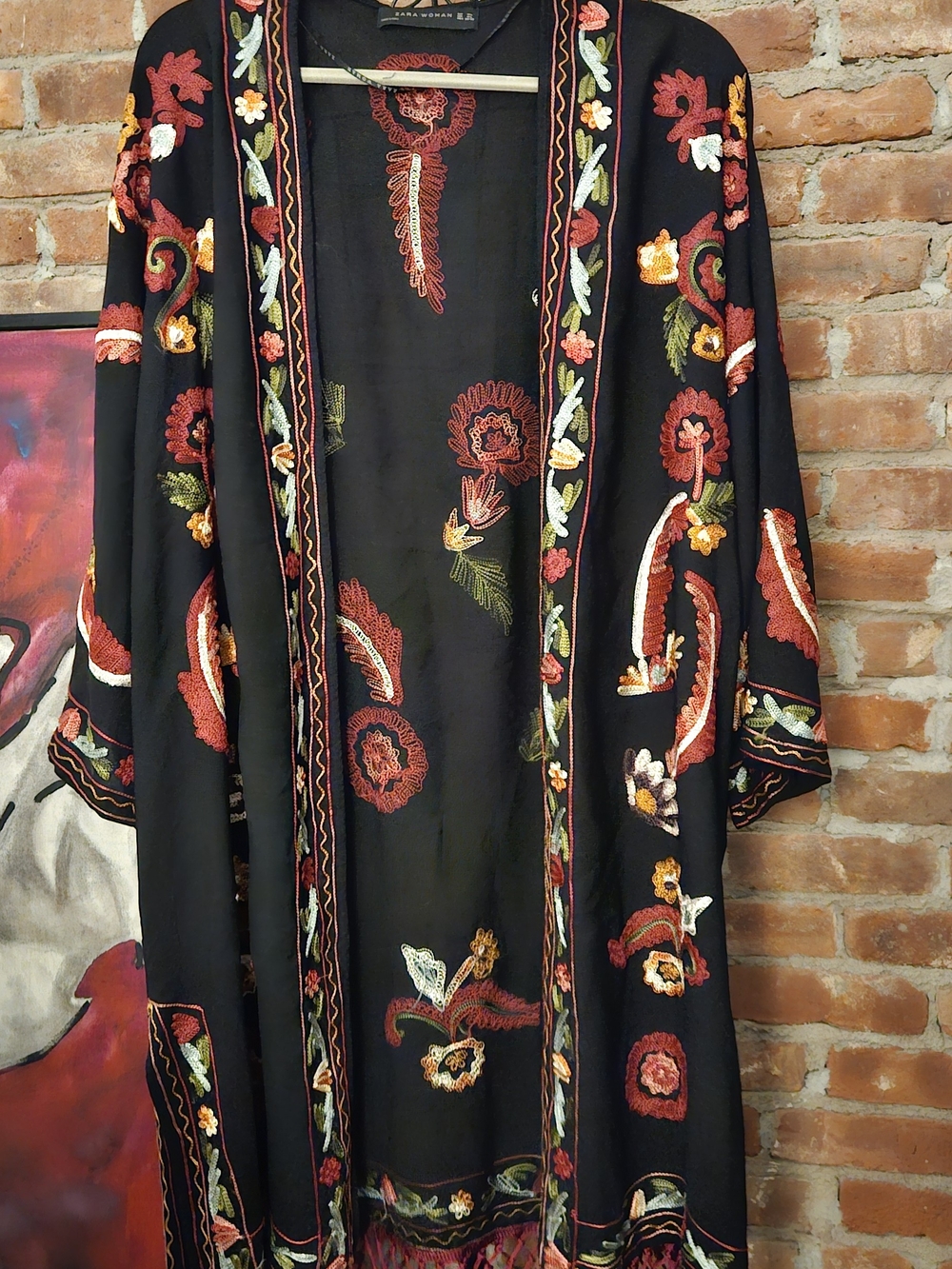 Zara Black Embroidered Floral Long Kimono Jacket With Fringes Med/large